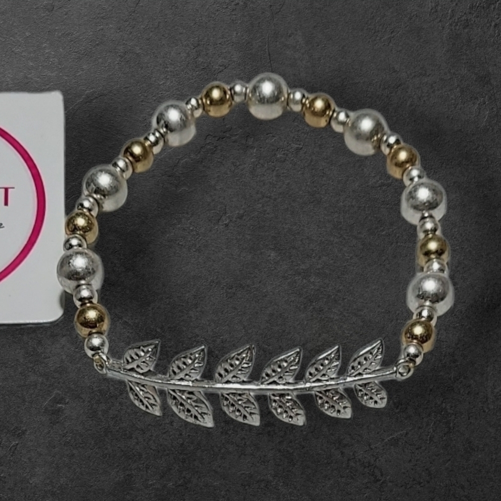NWT NADINE WEST Elegant Silver and Gold Stretch Laurel Leaf Bracelet
